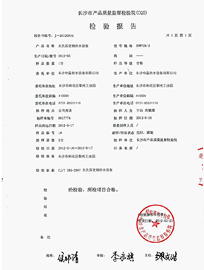 管网增压无负压给水设备质量检测报告范本